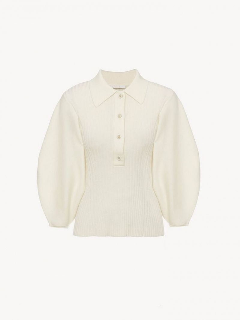 Prendas De Punto Chloe Balloon-sleeve Polo Blancos | CHE-SR13965