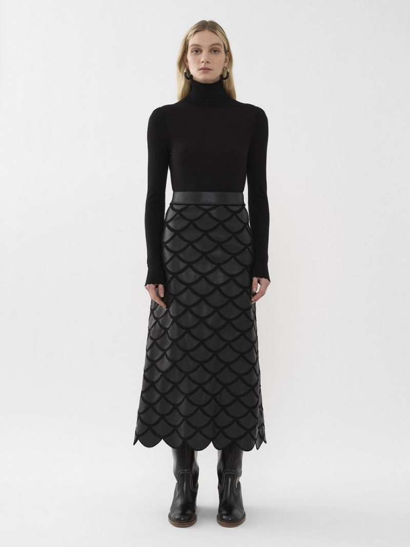 Prendas De Punto Chloe Scalloped High-neck Negros | CHE-SR13918