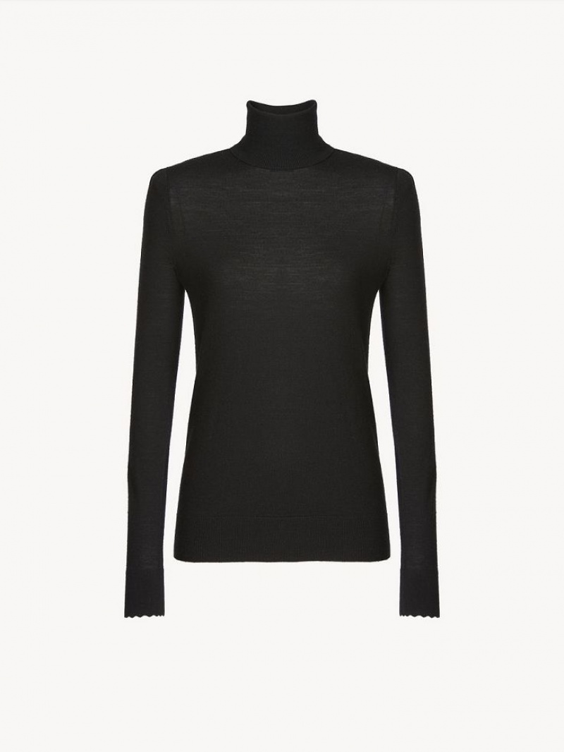 Prendas De Punto Chloe Scalloped High-neck Negros | CHE-SR13918