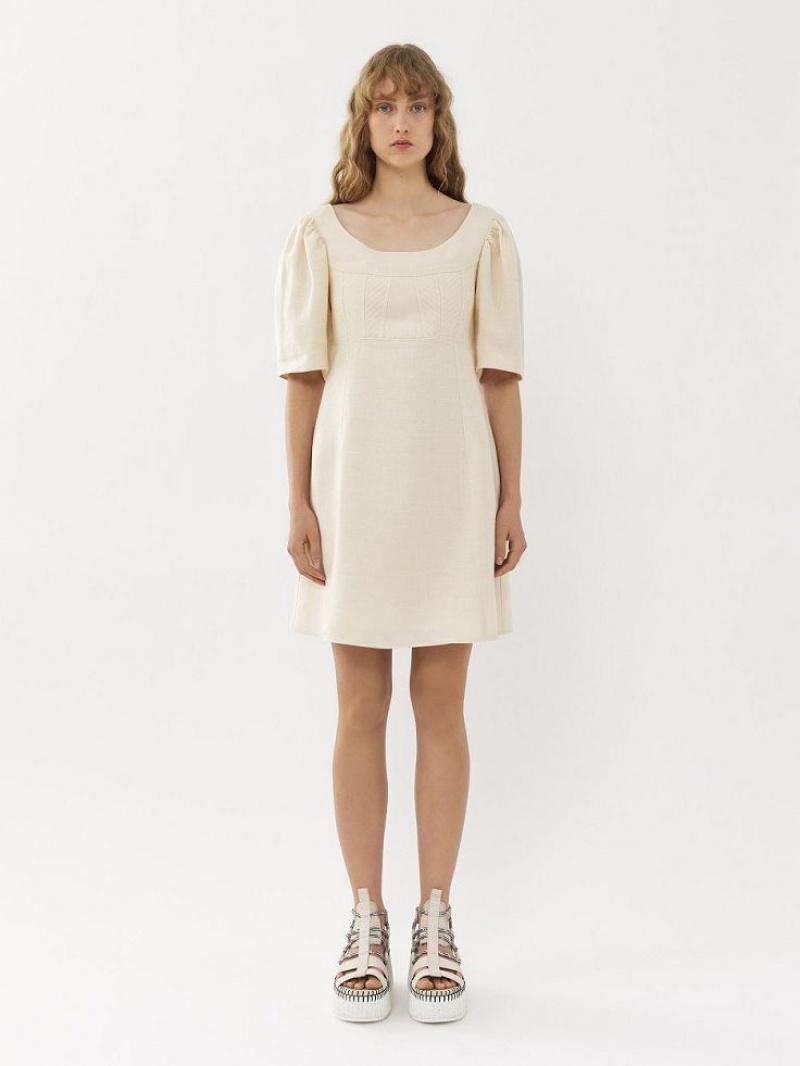 Vestido Chloe Barco-neck Mini Blancos | CHE-SR13836