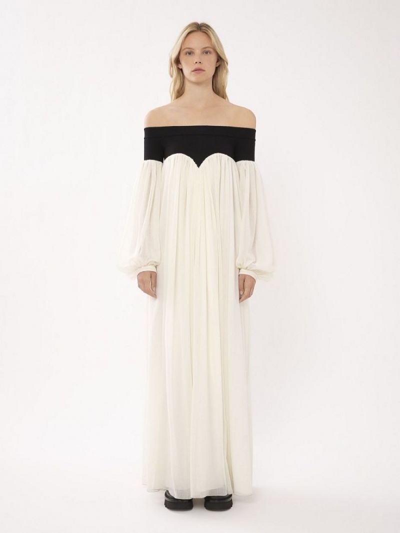 Vestido Chloe Off-the-shoulder Maxi Negros Blancos | CHE-SR13857